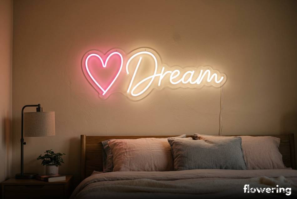 Różowy neon ścienny DIY w kształcie serca i napisu