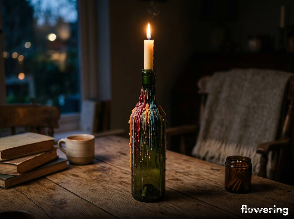 Klimatyczny swiecznik z butelki z kapiacym woskiem