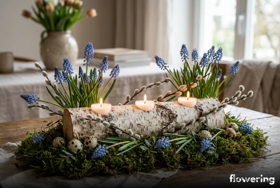 Świecznik z pieńka brzozy w otoczeniu szafirków i bazi