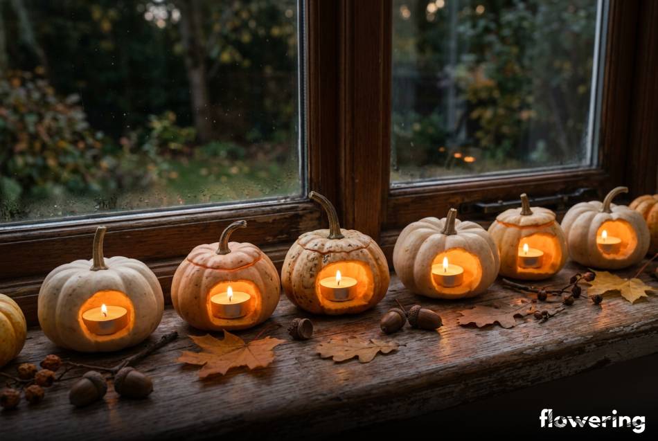 Świeczniki z małych dyń z tealightami na jesiennym parapecie