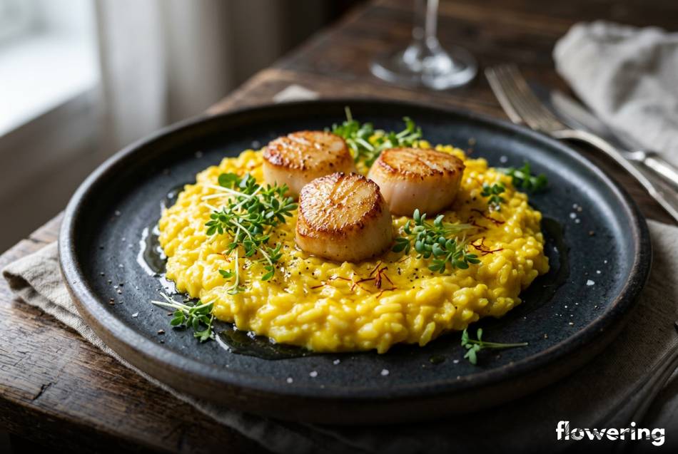 Szafranowe risotto z przegrzebkami i dekoracją z rzeżuchy