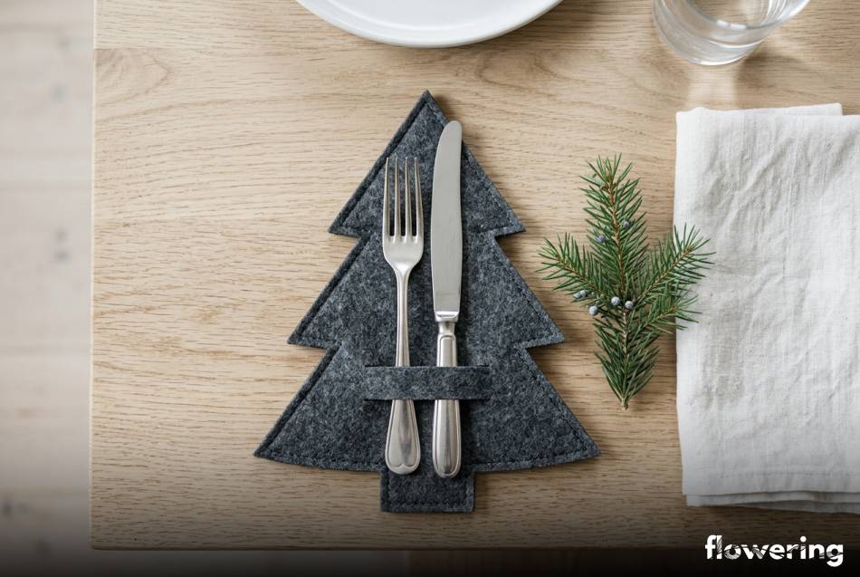 Szara filcowa kieszonka na sztućce w kształcie choinki