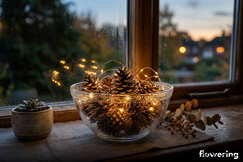 Szklana misa z szyszkami i lampkami na parapecie