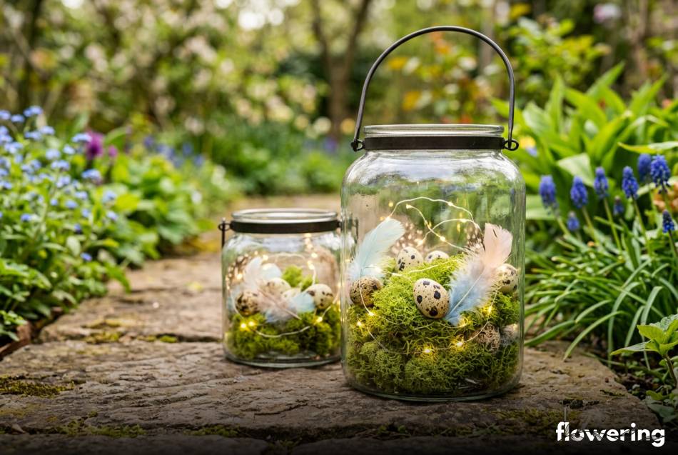 Szklane lampiony z mchem chrobotkiem i jajkami w ogrodzie