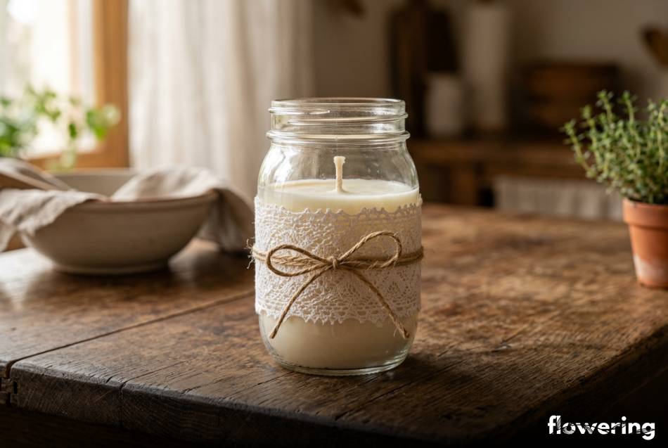 Szklany lampion ze słoika ozdobiony koronką i sojowym woskiem