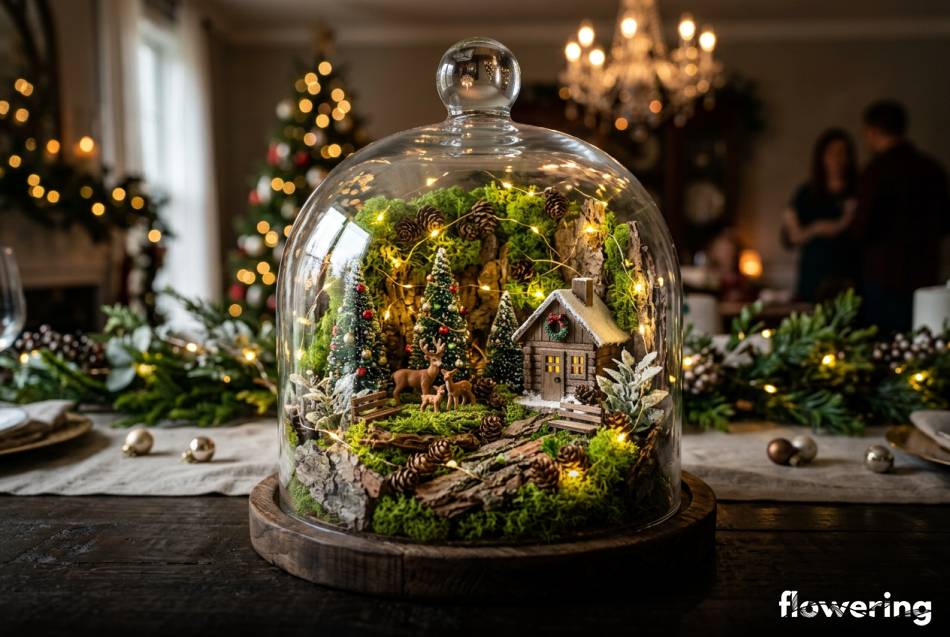 Miniaturowy las z mchu w szklanym kloszu z ledami