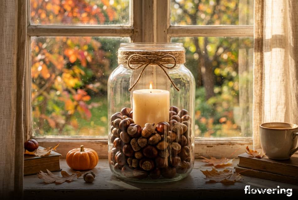 Szklany słój z kasztanami i świecą na parapecie