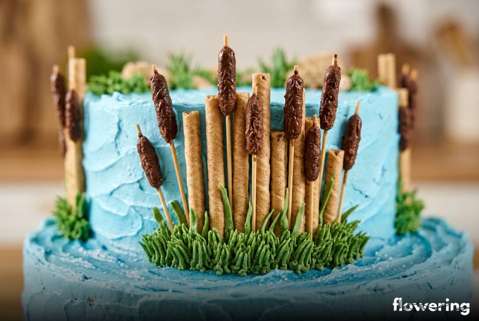 Jadalne trzciny z rurek waflowych i zielona trawa z lukru