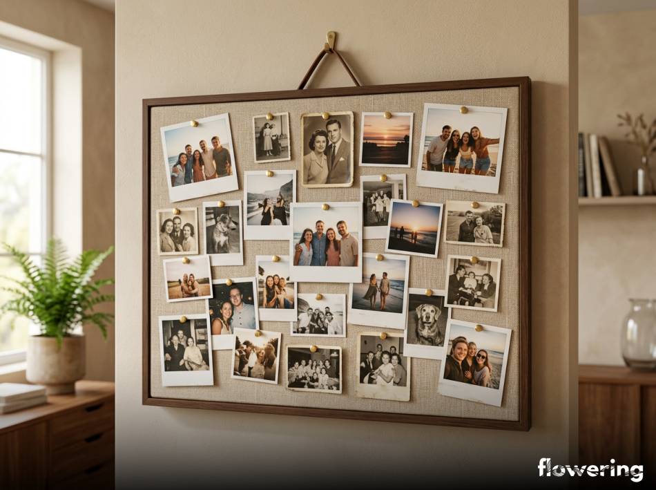 Lniana tablica korkowa ze zdjęciami na ścianie