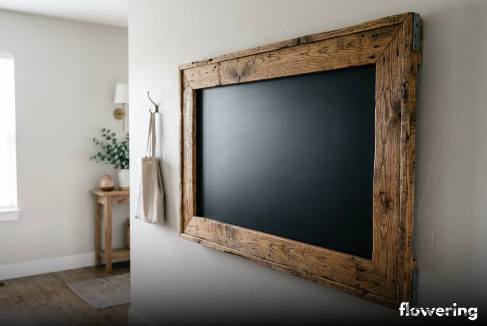 Tablica magnetyczno kredowa w ramie z desek paletowych na ścianie