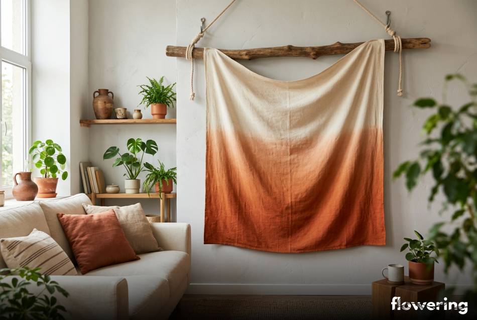 Ręcznie farbowana tapiseria ombre na drewnianym konarze