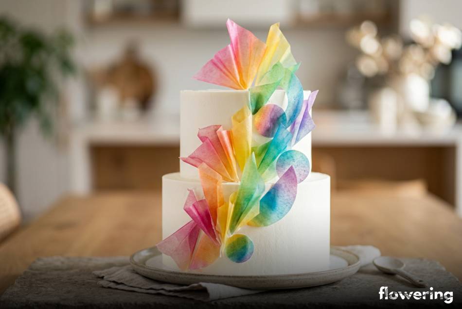 Tęczowe geometryczne ozdoby z papieru waflowego na białym torcie