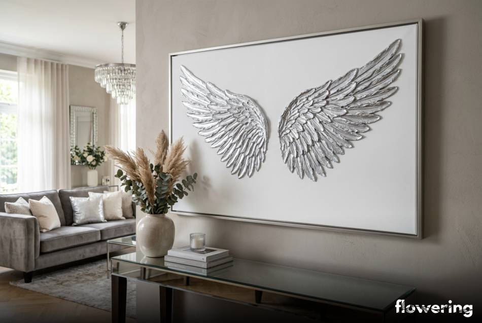 Srebrne teksturowane skrzydła anioła na płótnie w stylu glamour