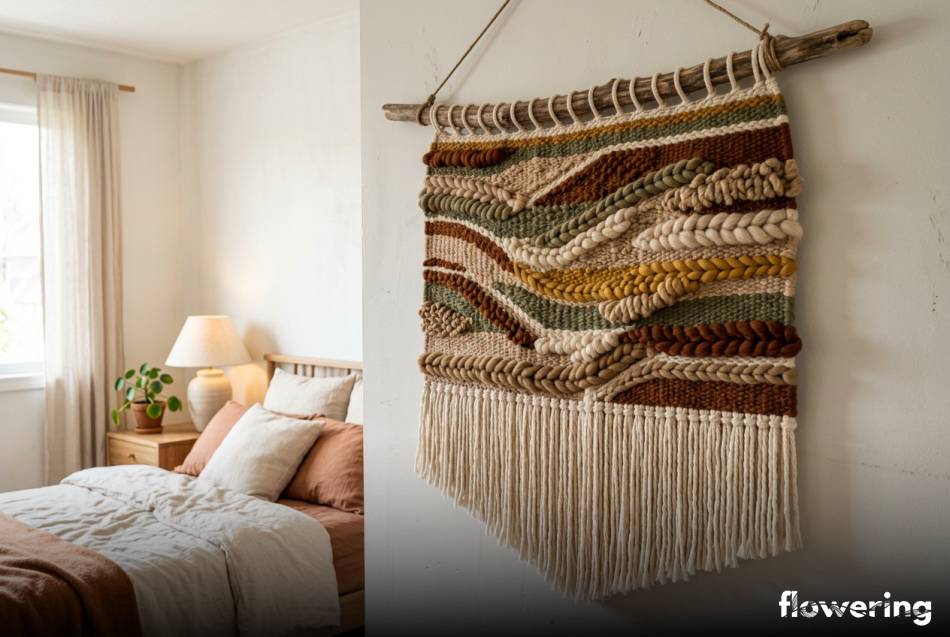 Tkany kilim z grubej wełny na ścianie w sypialni