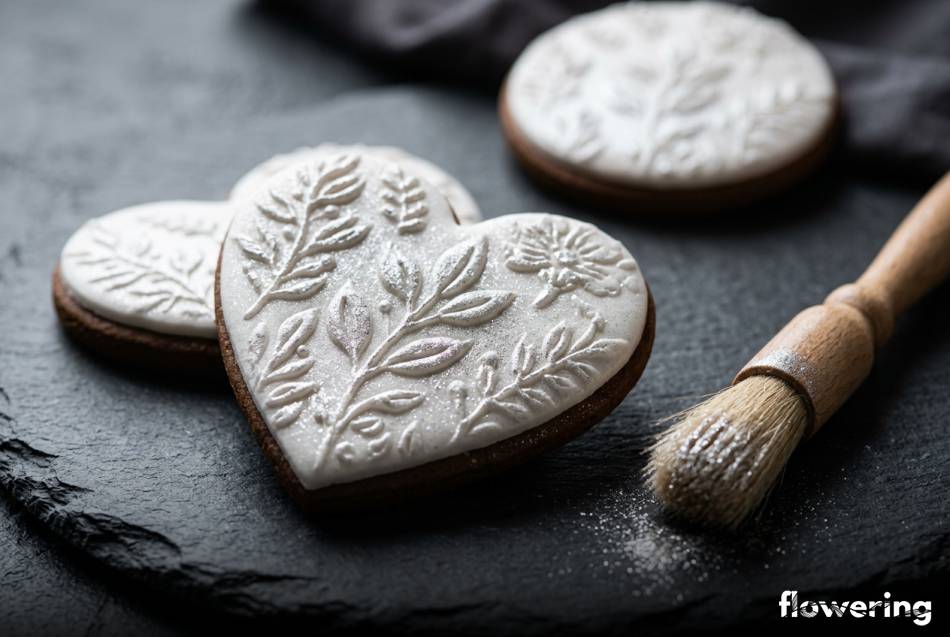 Tłoczone białe pierniki z perłowym pyłkiem na ciemnym tle