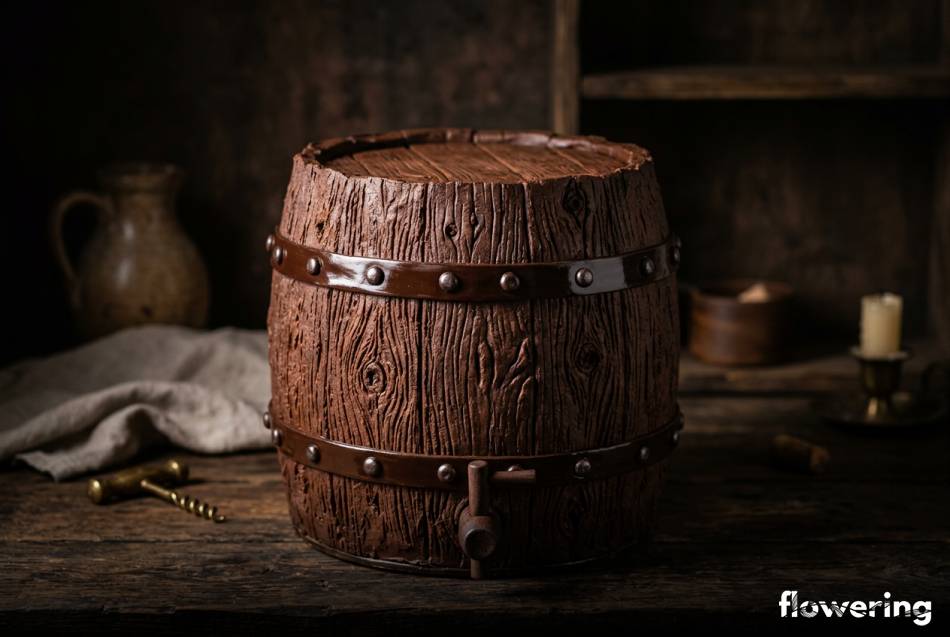 Tort w kształcie dębowej beczki z fakturą drewna