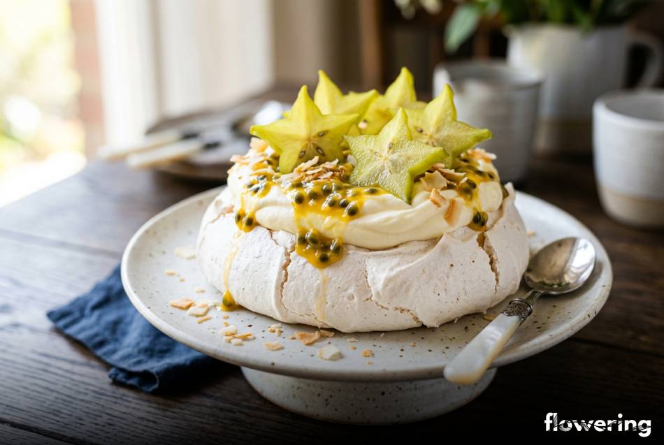 Beza Pavlova z marakują karambolą i prażonym kokosem