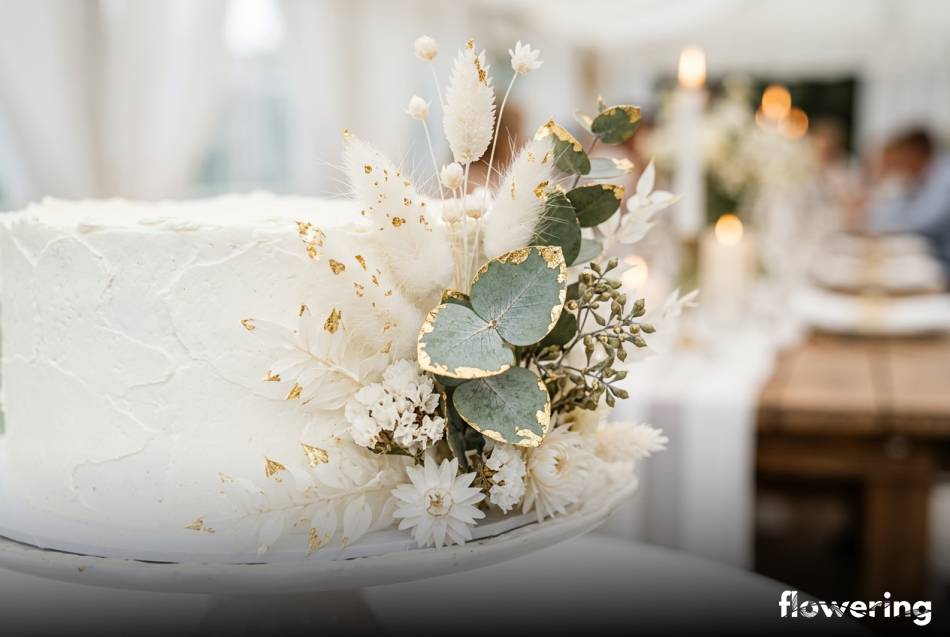 Dekoracja tortu z suszek dmuszka eukaliptusa i złota