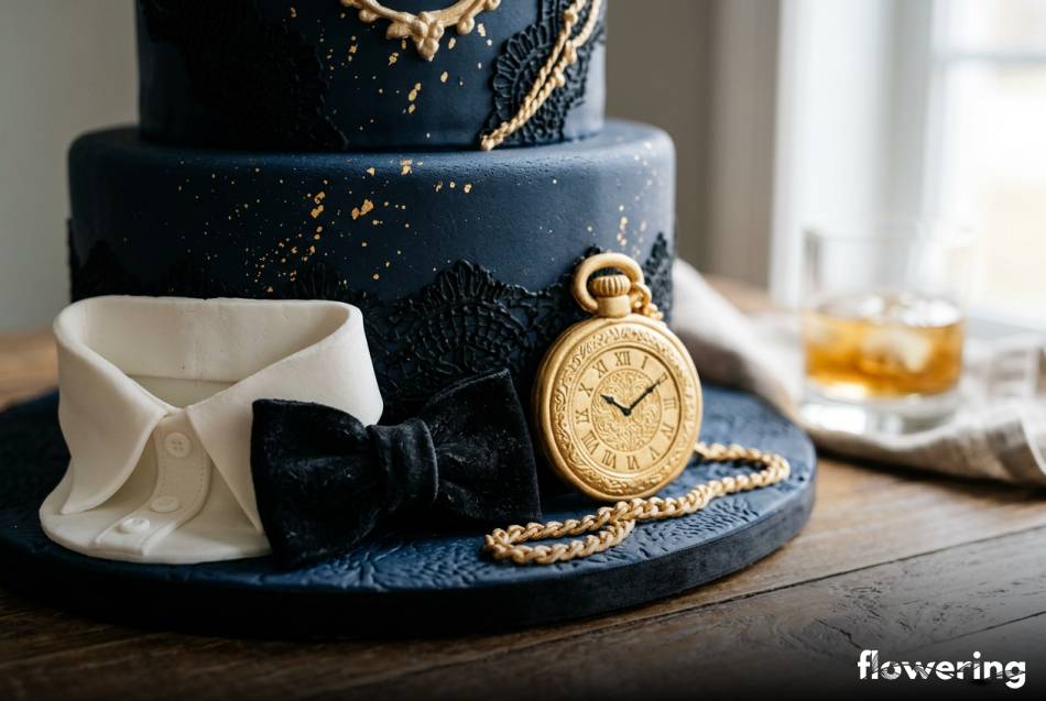 Elegancki tort z czarną muchą i złotym zegarkiem