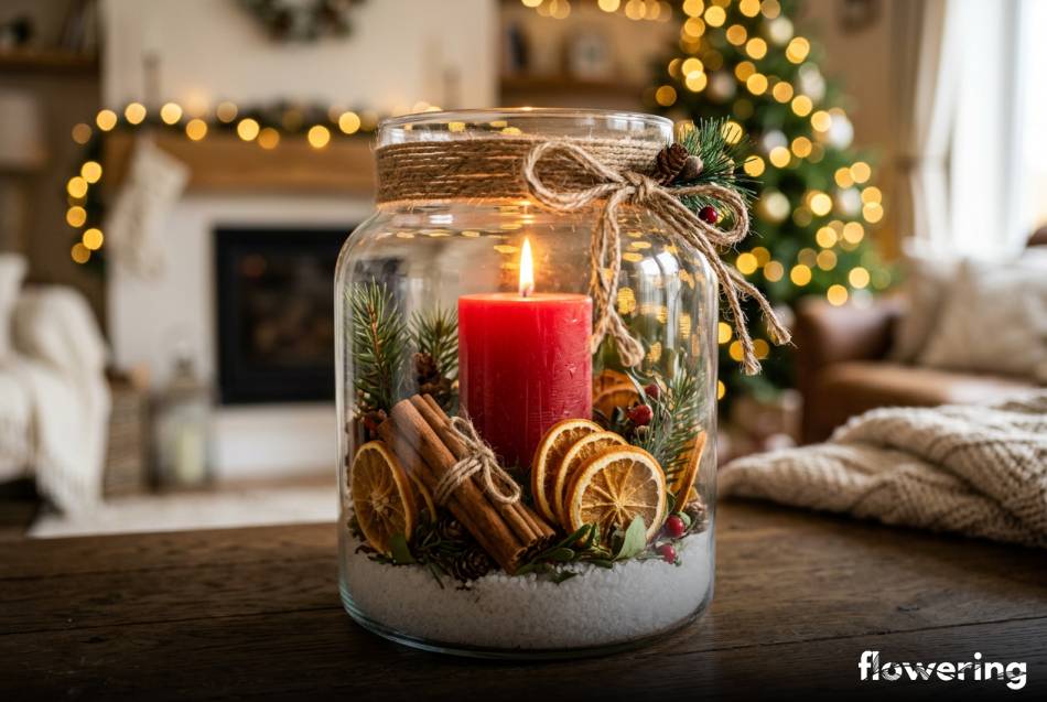 Tradycyjny stroik w słoiku z czerwoną świecą i cynamonem