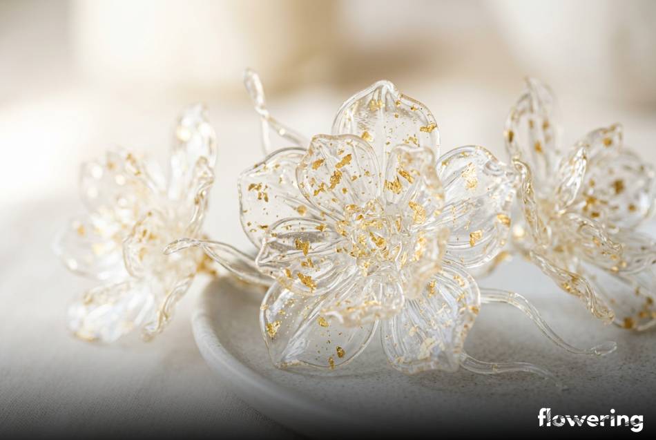 Przezroczyste kwiaty z izomaltu z jadalnym złotem na torcie
