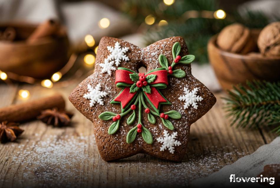 Trójwymiarowe ozdoby z masy cukrowej na świątecznym pierniku