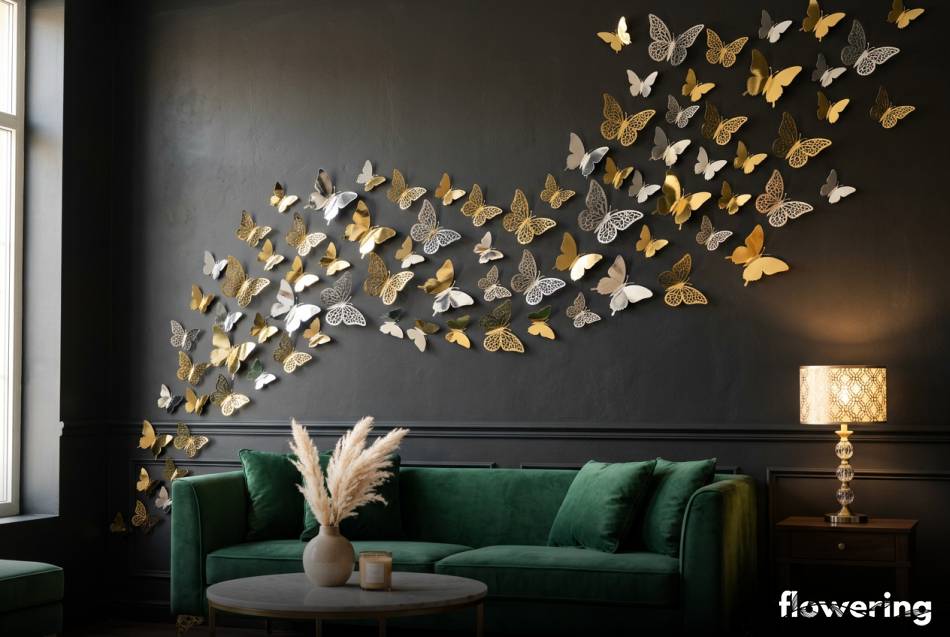 Lustrzane motyle 3D na eleganckiej ścianie glamour