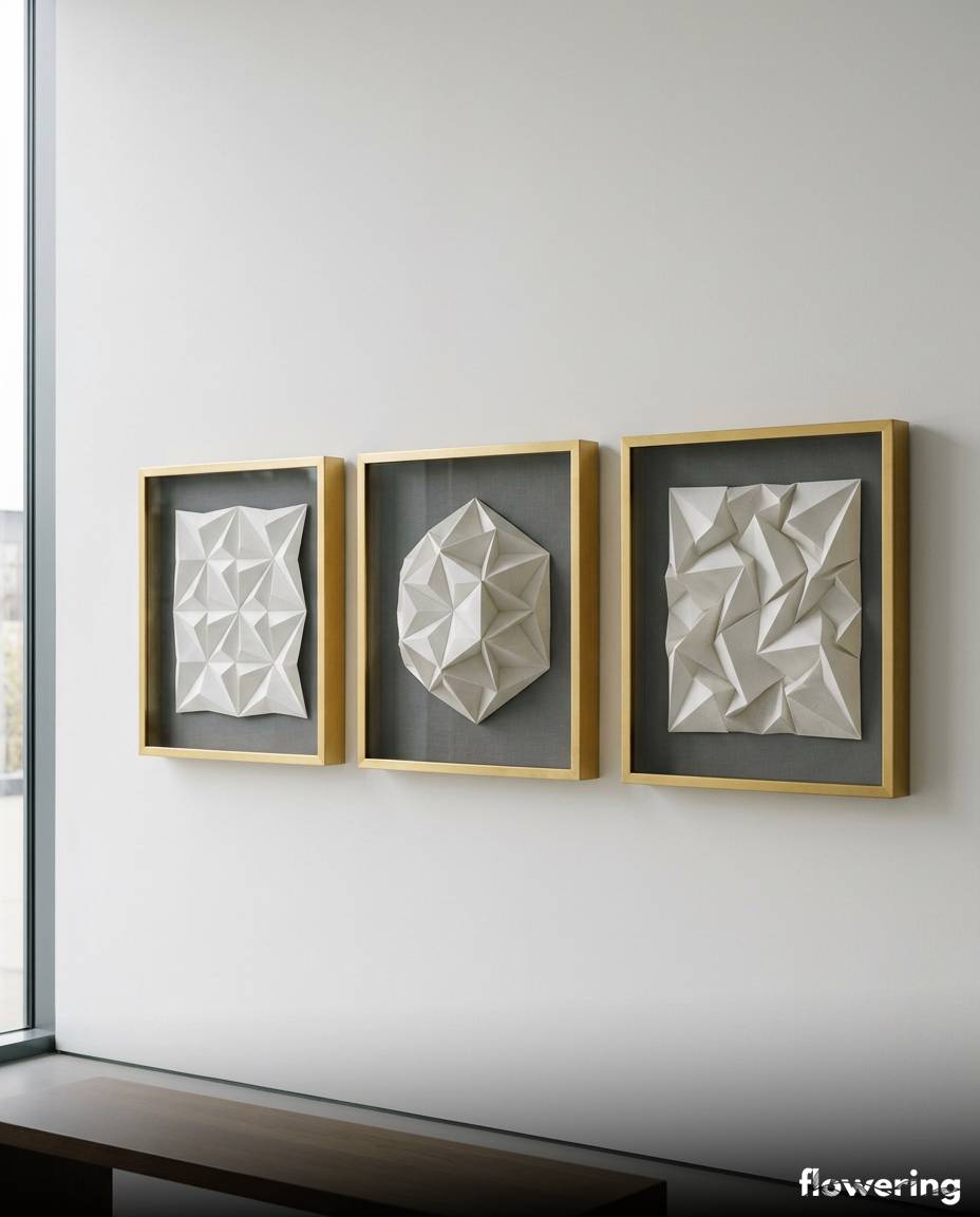 Geometryczne rzeźby origami w złotych ramkach na białej ścianie