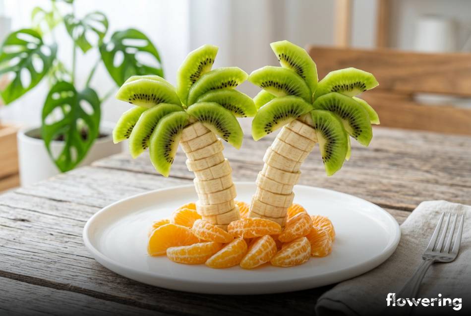 Palmy z owoców kiwi bananów i mandarynek na talerzu