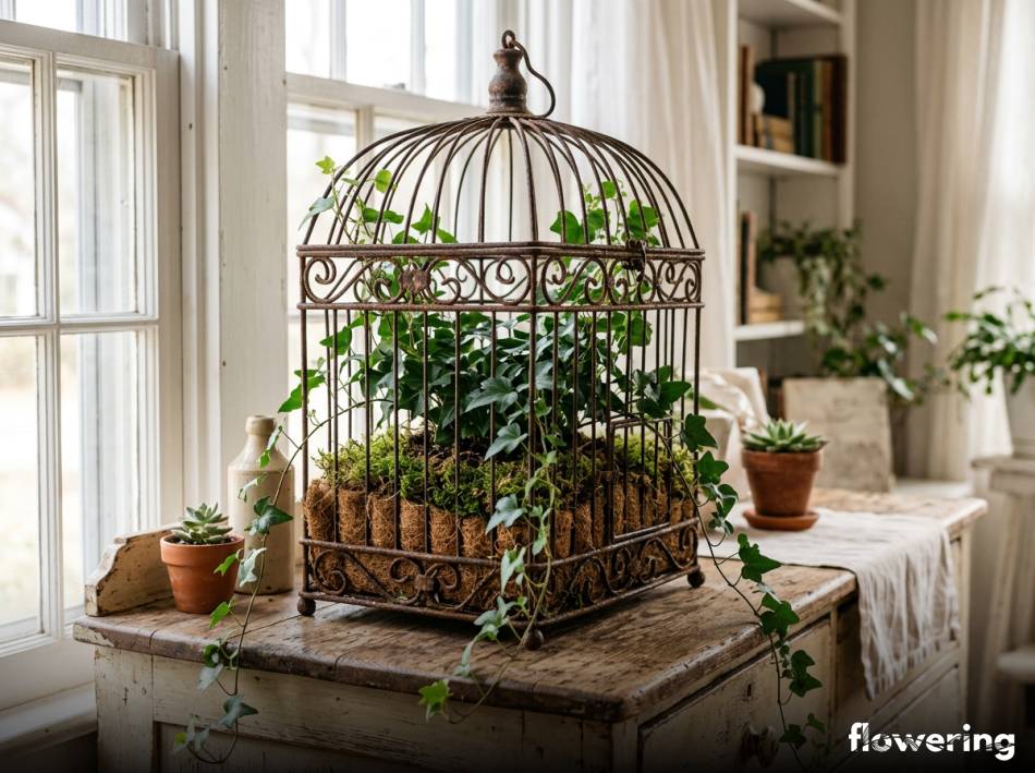 Klatka dla ptaków z bluszczem w stylu vintage