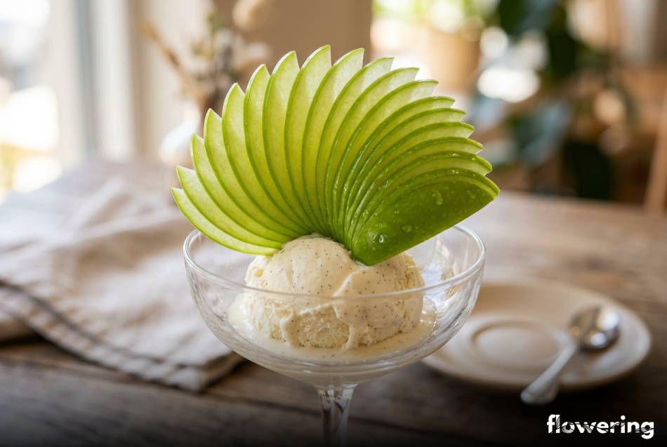 Zielony wachlarz z jabłka na gałce lodów waniliowych