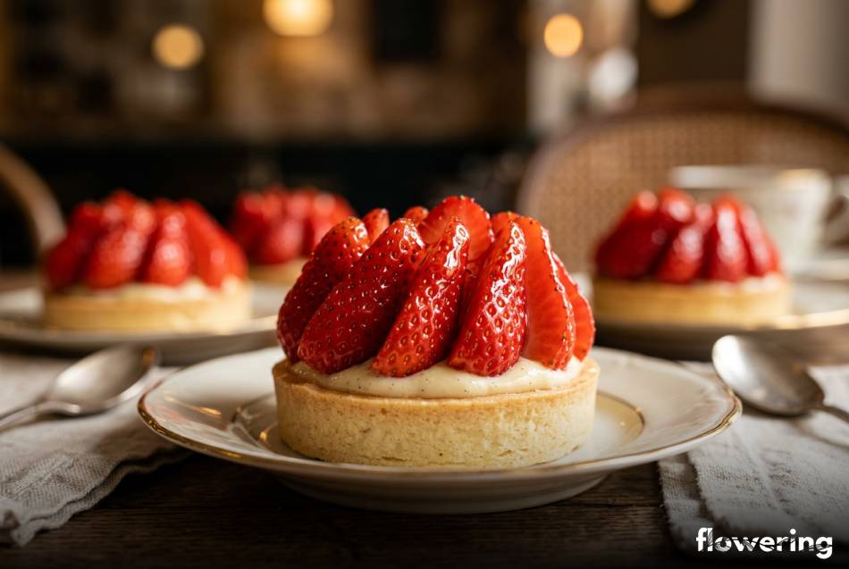 Lśniące wachlarze z truskawek na deserowych tartaletkach