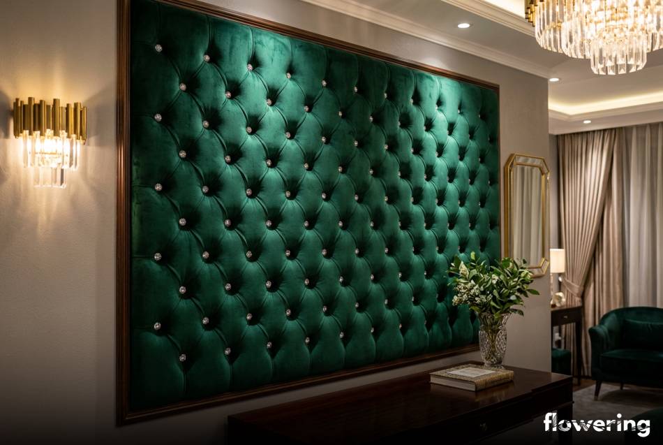 Welurowy panel pikowany kryształowymi guzikami w stylu glamour