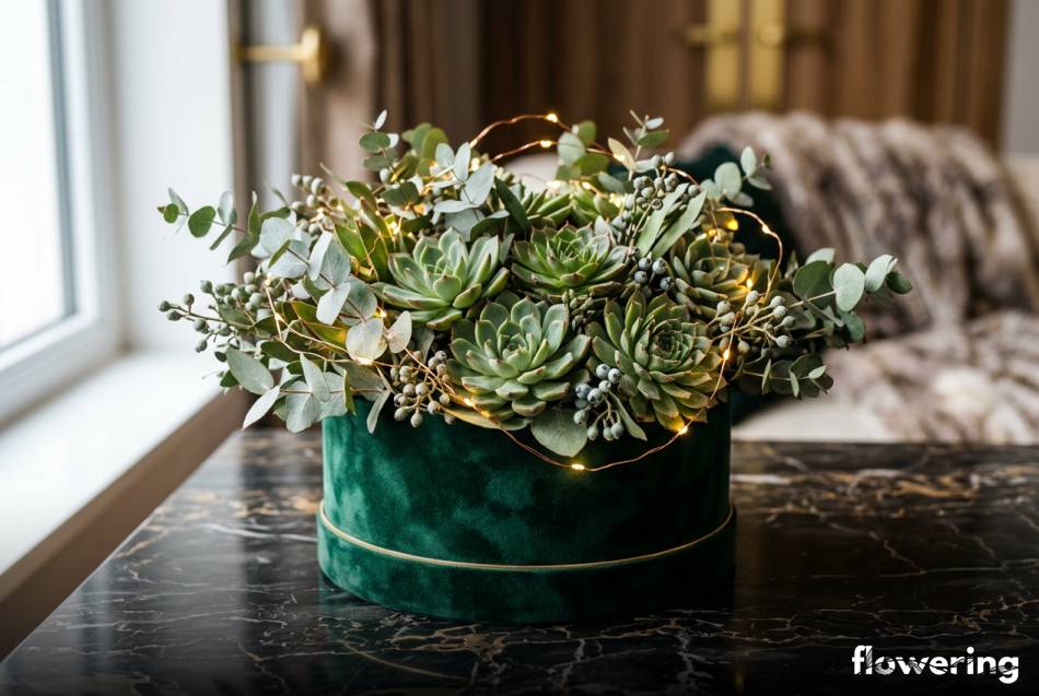 Welurowy flower box z eukaliptusem sukulentami i miedzianymi lampkami LED