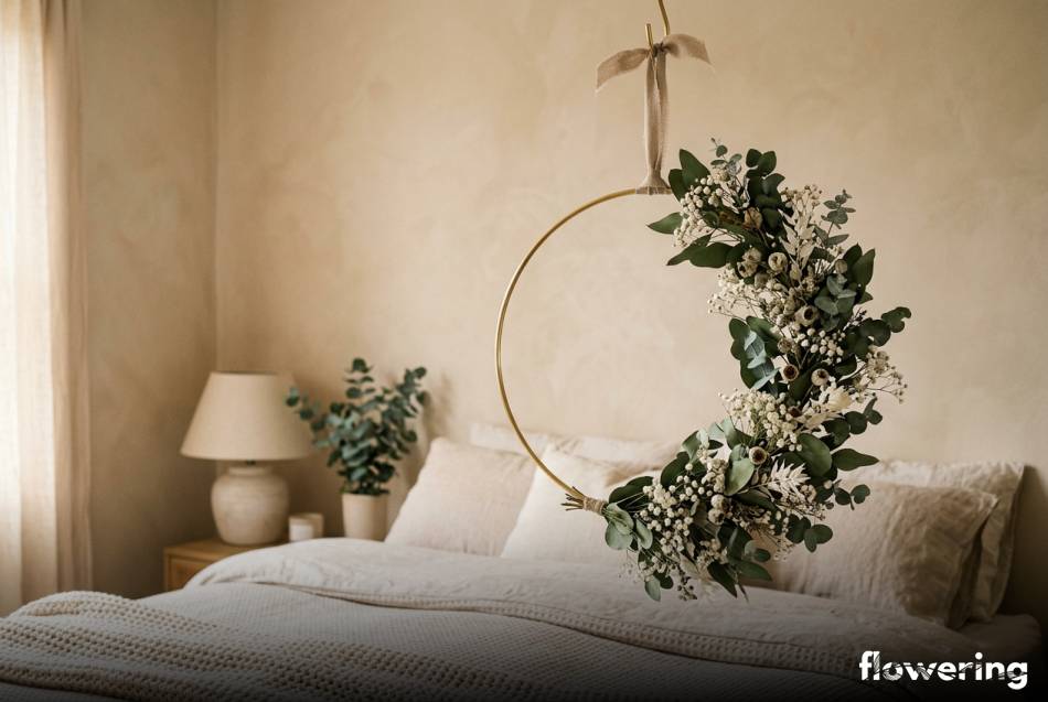 Asymetryczny wianek z eukaliptusa i gipsówki w sypialni
