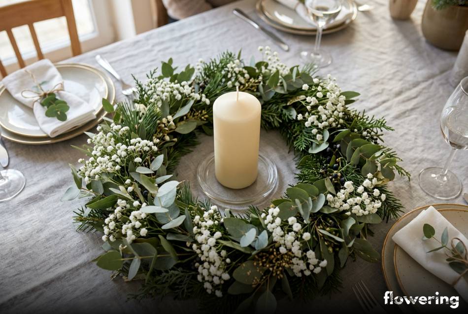 Wianek z eukaliptusa i gipsówki z białą świecą na stole