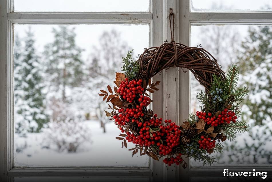 Wianek z pędów dzikiego wina i jarzębiny na oknie