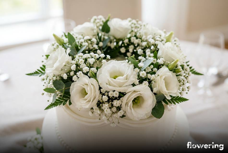 Wianek z białych eustom i gipsówki na komunijnym torcie