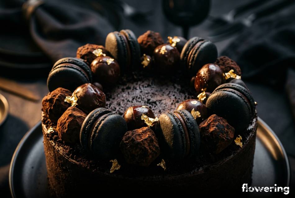 Elegancka dekoracja tortu z czarnych makaroników i trufli