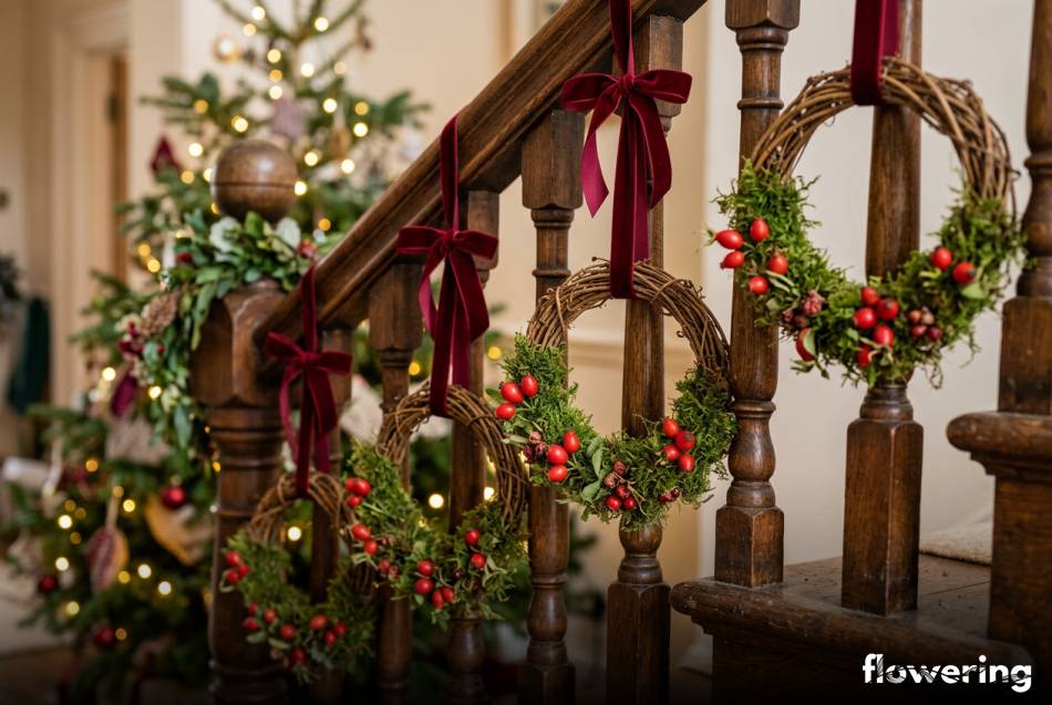 Małe wianki z winorośli mchu i dzikiej róży na poręczy