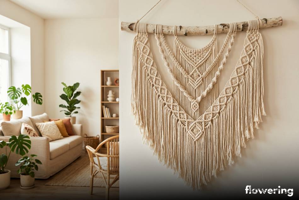 Wielka makrama z grubego sznurka na brzozowej gałęzi