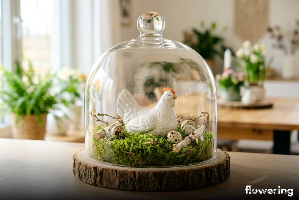 Wielkanocna dekoracja pod kloszem z porcelanową kurką na drewnie