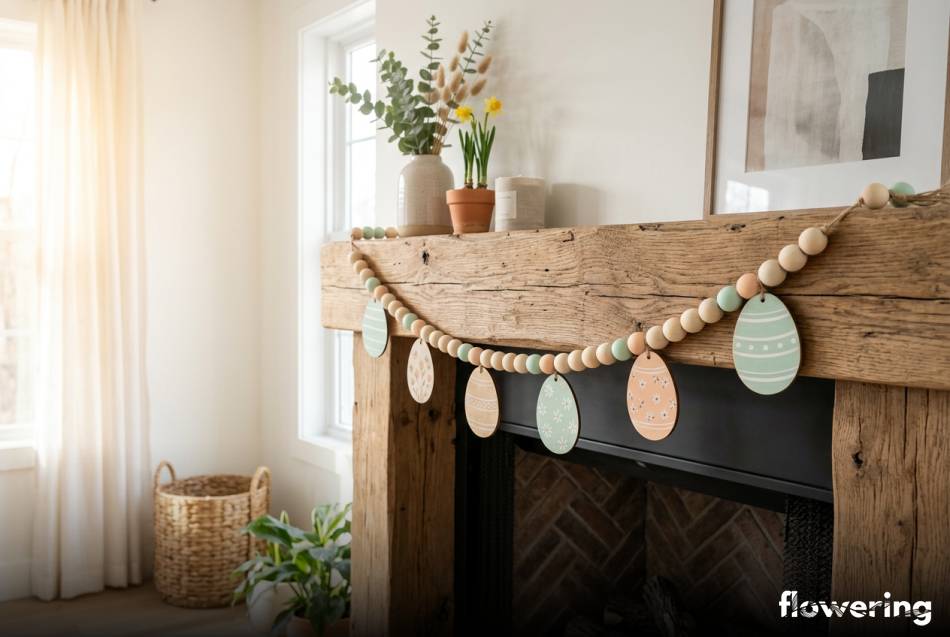 Wielkanocna girlanda z drewnianych koralików i sklejkowych jajek