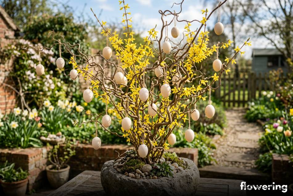 Wielkanocne drzewko z gałązek leszczyny i forsycji w ogrodzie