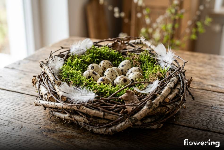 Wielkanocne gniazdko z gałązek brzozy z mchem i jajkami