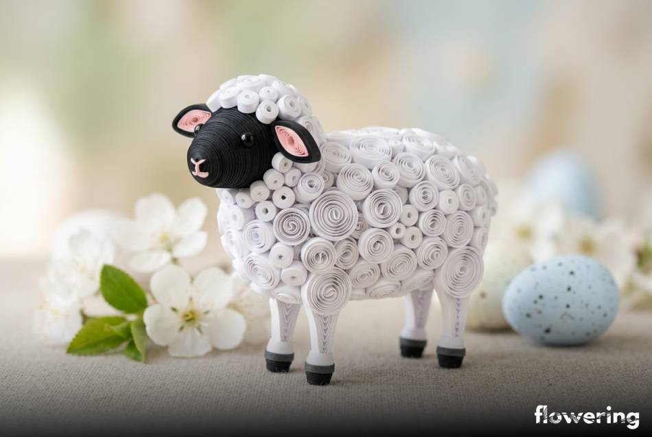 Bialy baranek wielkanocny wykonany z paskow papieru technika quilling