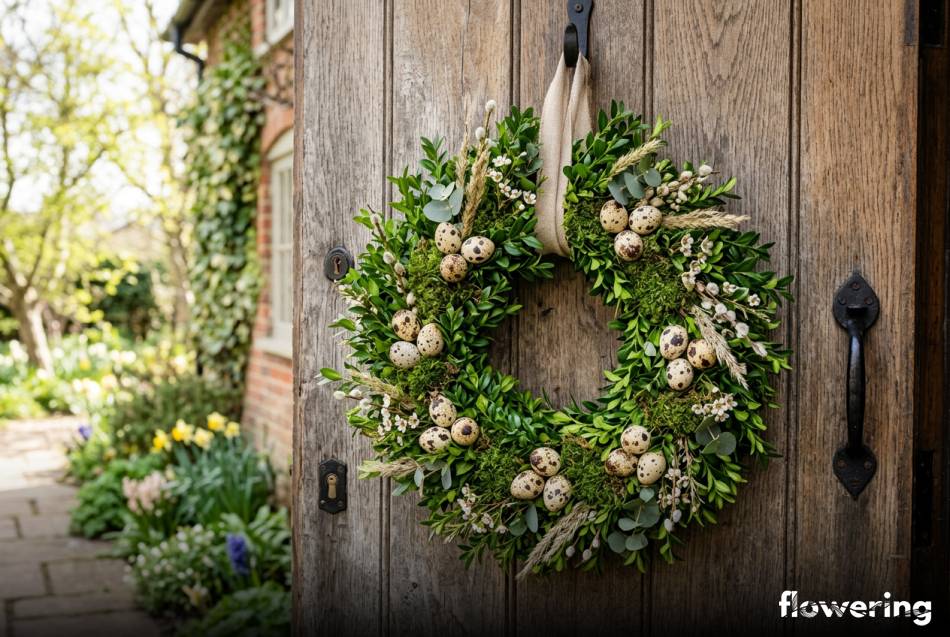 Naturalny wianek wielkanocny z bukszpanu i mchu na drzwiach
