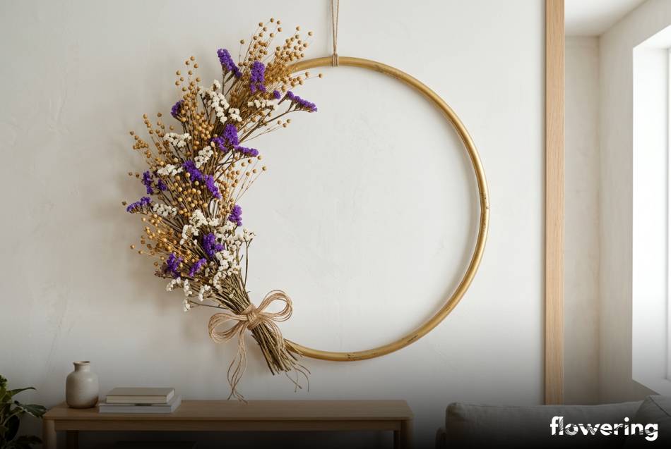 Asymetryczny wieniec z suszonego lnu i zatrwianu