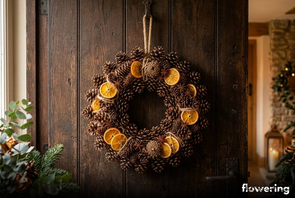 Wieniec na drzwi z szyszek sosnowych i suszonych pomarańczy