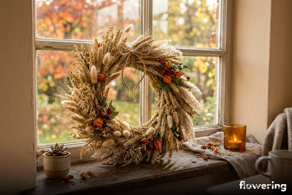 Jesienny wieniec ze zbóż i traw na parapecie